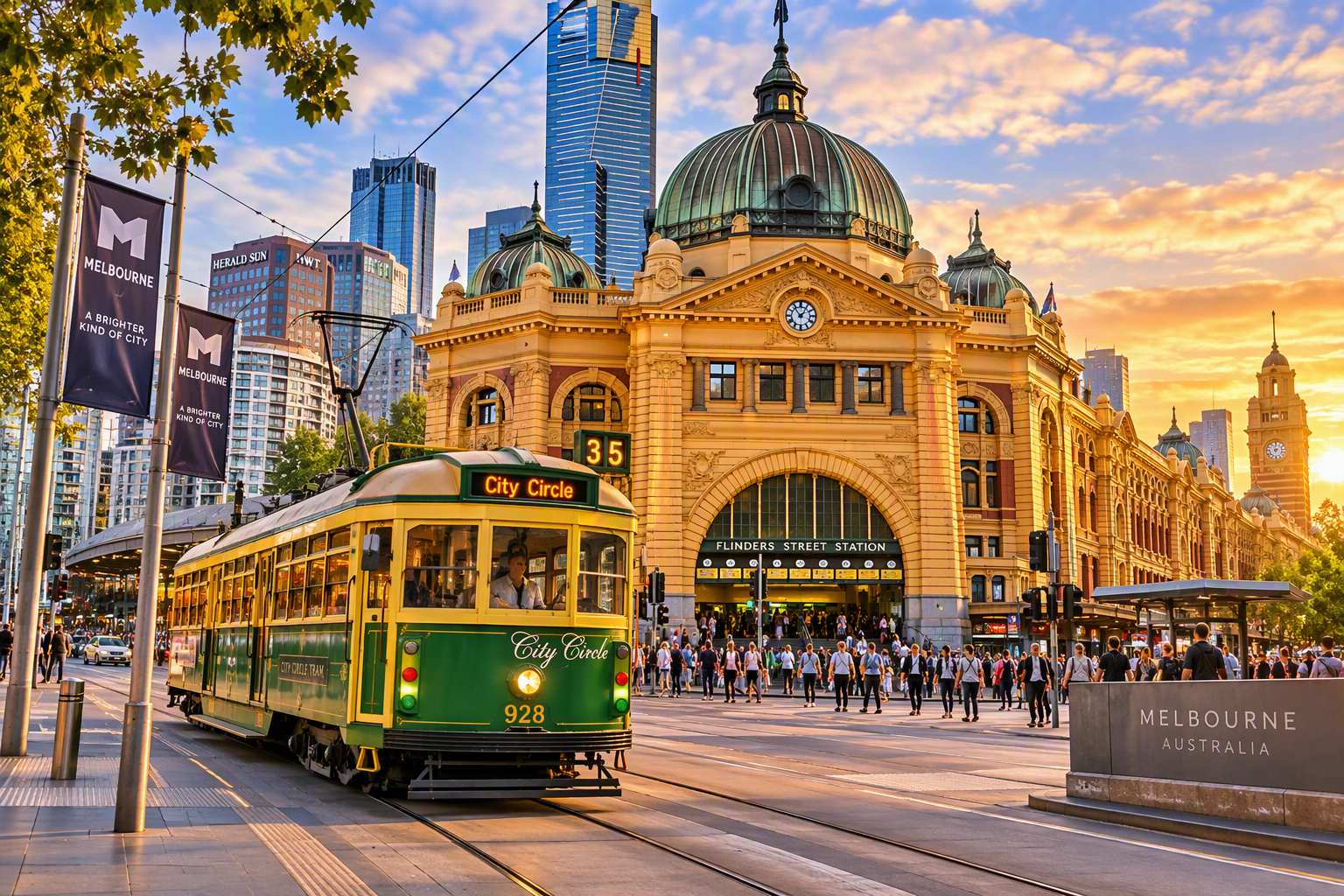 Flinders Street Station and a classic Melbourne tram at golden hour
